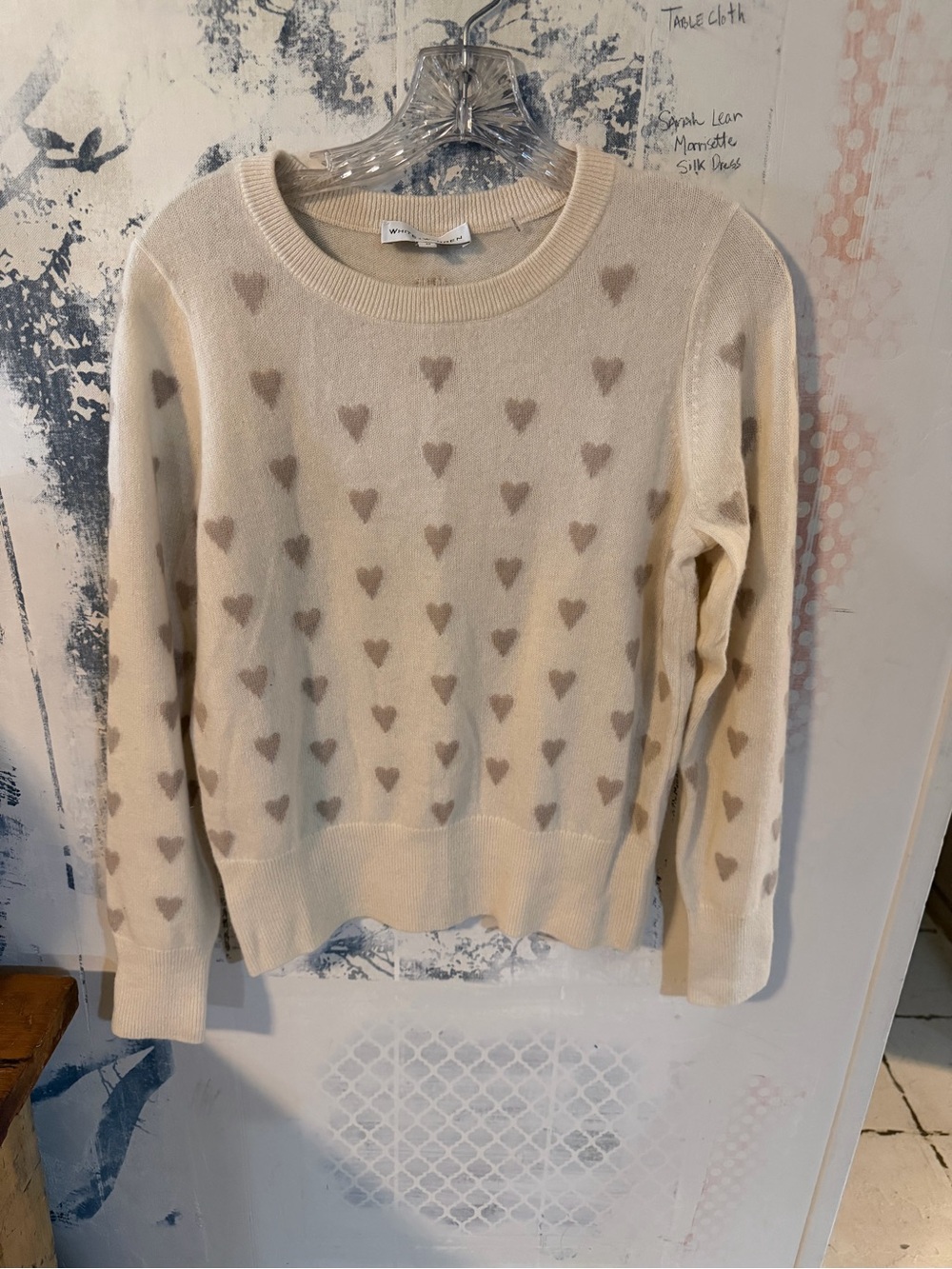 White + Warren Cream Crewneck Sweater with Taupe Heart Pattern